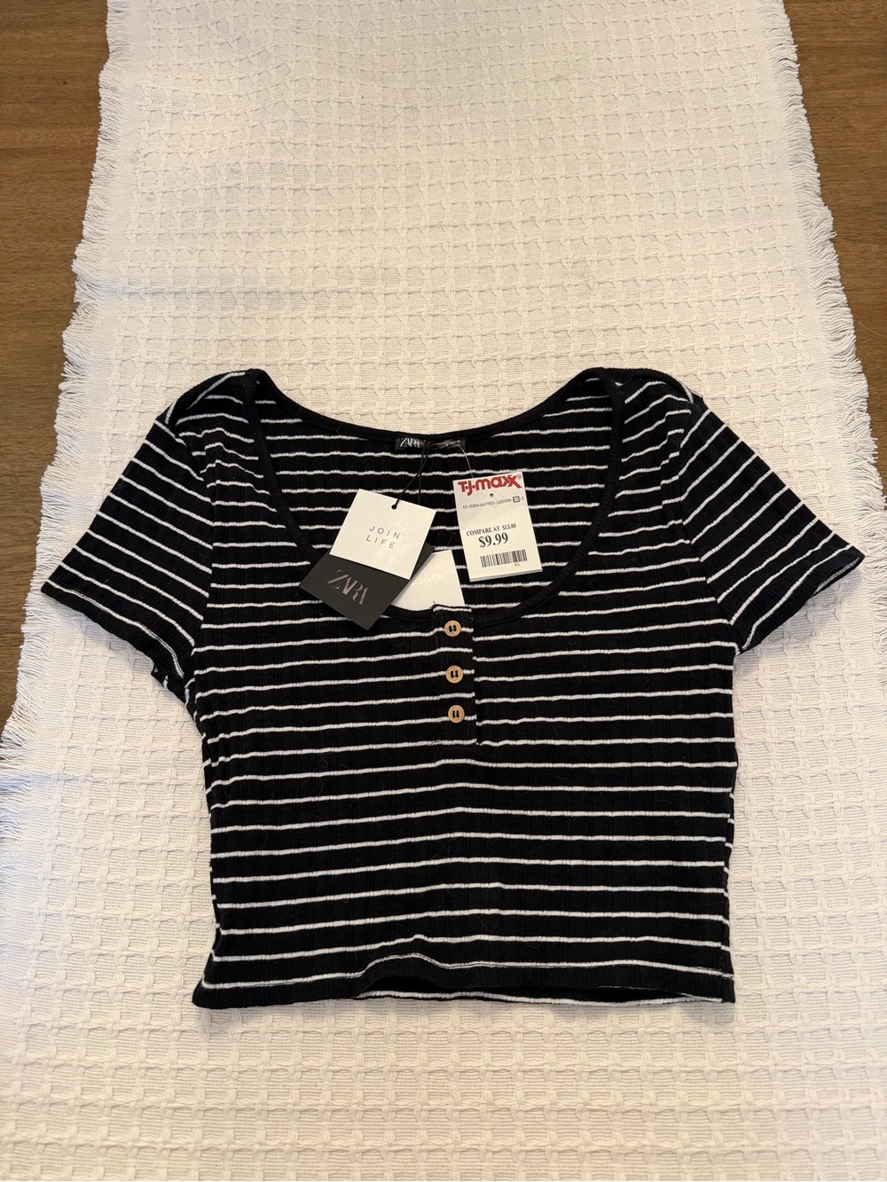 Zara Black & White Striped Scoop-Neck Crop Top with Button Detail